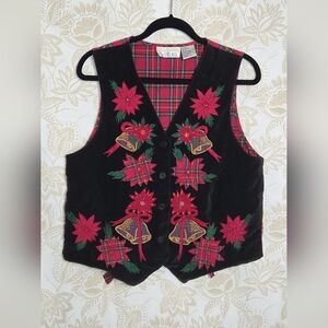 VINTAGE Casey & Max Christmas Velvet Vest sz M Tartan Plaid Back "Ugly" Bell EUC